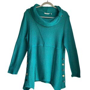 Soft Surroundings XL P Teal Turquoise Knit Asymmetric Tunic Sweater Cowl Neck